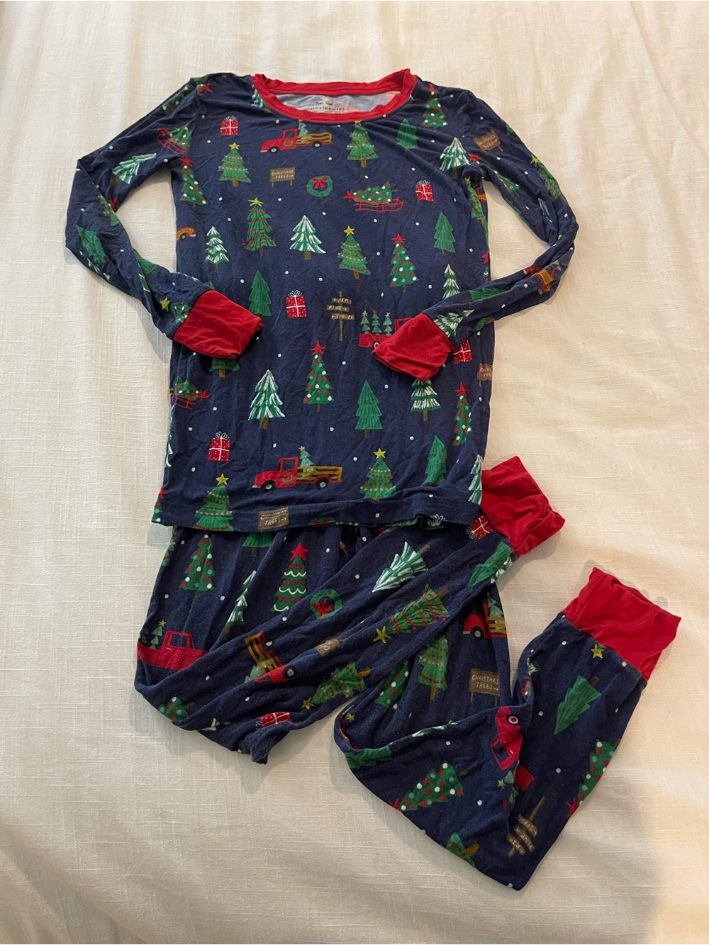 Little Sleepies Navy Christmas Tree & Truck Pajama Set with Red Trim